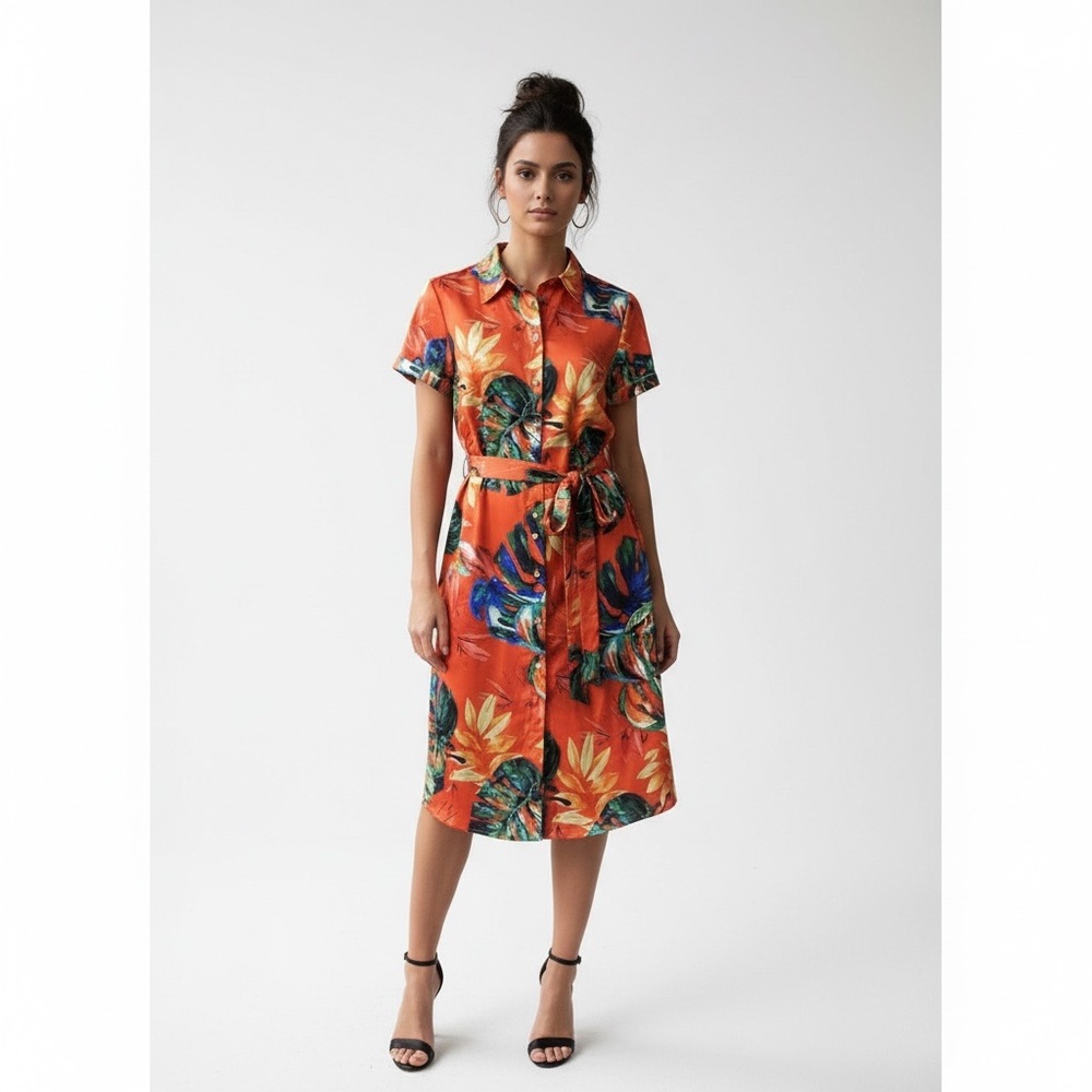 Signature Collection Tropical Orange Multi button up dress. Size Medium